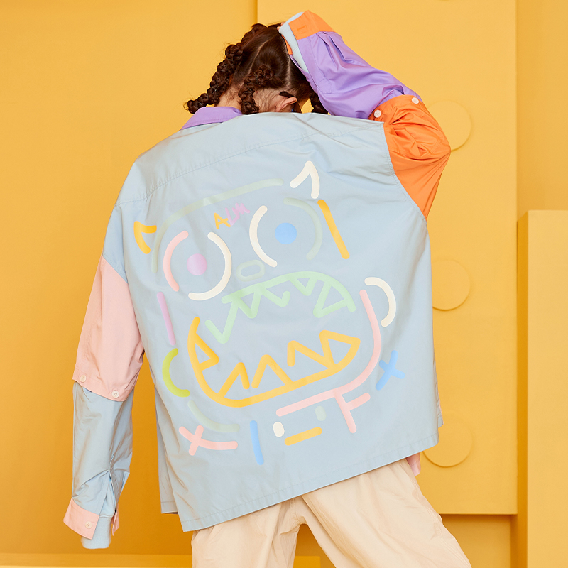 CALMMIND小怪兽撞色拼接衬衣可拆卸长袖春秋情侣国潮宽松衬衫外套