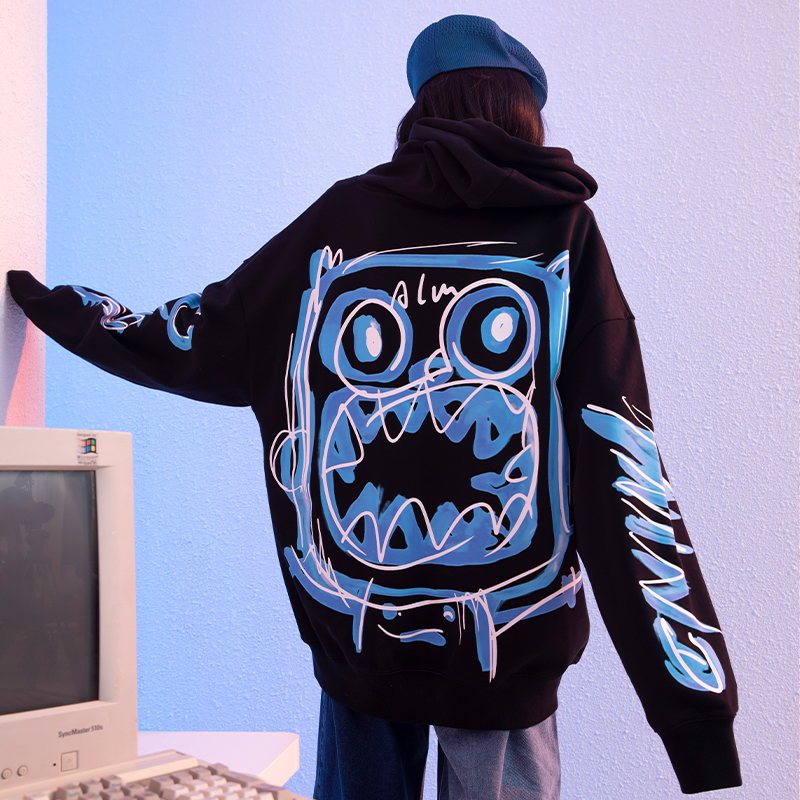 CALMMIND幻象怪兽帽衫国潮嘻哈情侣装上衣春秋宽松休闲连帽卫衣男