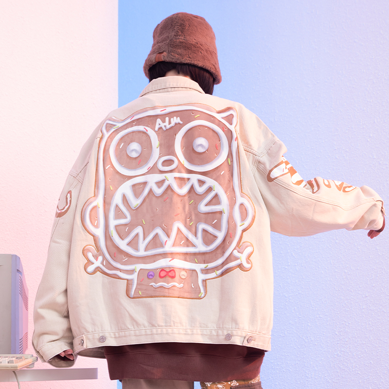 CALMMIND姜饼人怪兽牛仔衣宽松休闲情侣装潮流春秋外套国潮夹克男