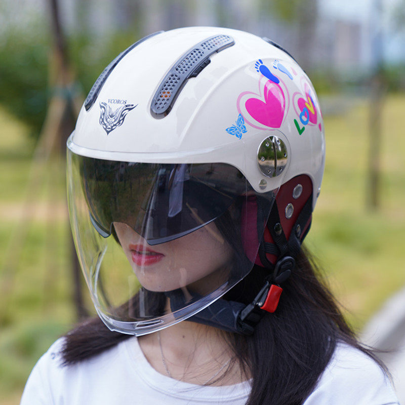 头盔vcoros电动车男女四季半盔镜片安全帽可爱卡通摩托车头盔