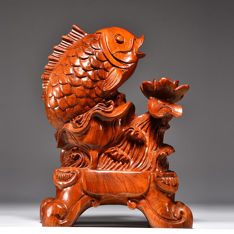 花梨木雕连年有余摆件实木木质雕刻年年有余家居摆件