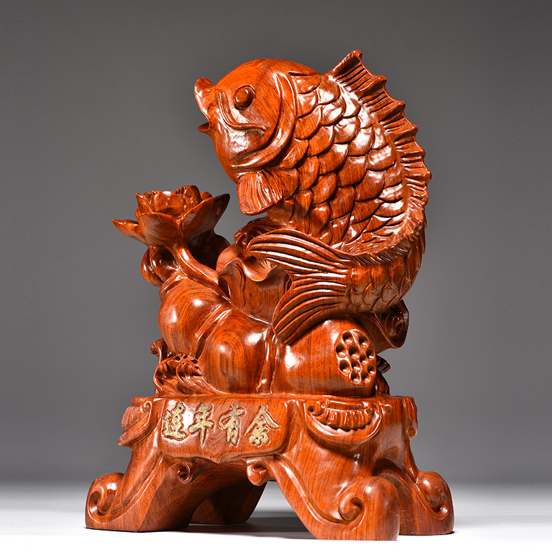 花梨木雕连年有余摆件实木木质雕刻年年有余家居摆件