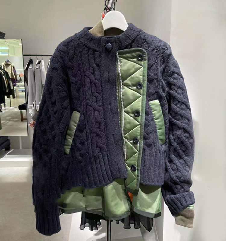 小众2021秋冬新不规则拼色两件套拉链外套立领针织拼接夹克毛衣女