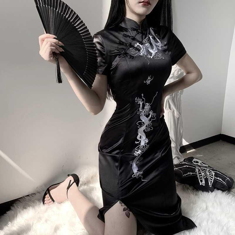 新款暗黑中国国风旗袍高开叉长款盘扣黑性感jkcosplay女装