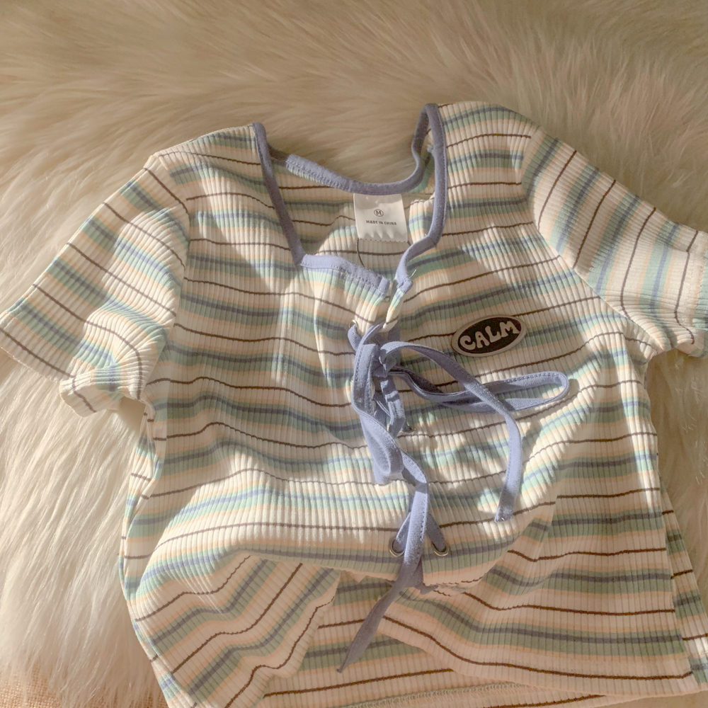 EACH ROOM 小众设计条纹法式甜辣小仙女元素短款短袖T恤个性男女