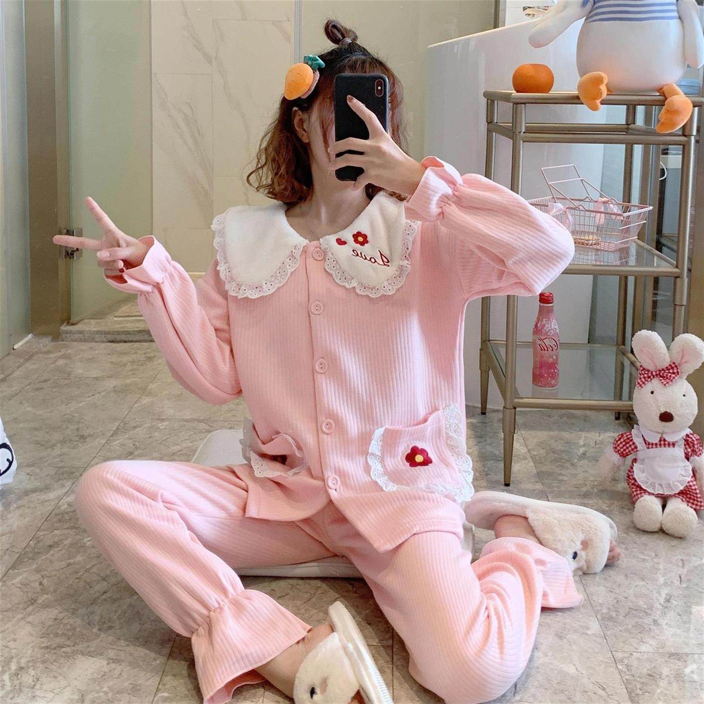 日本睡衣女士秋冬季长袖纯日花边甜美花朵纯棉睡衣