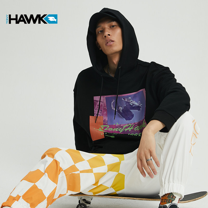 tonyhawk托尼复古印花连帽卫衣男女套头宽松卫衣