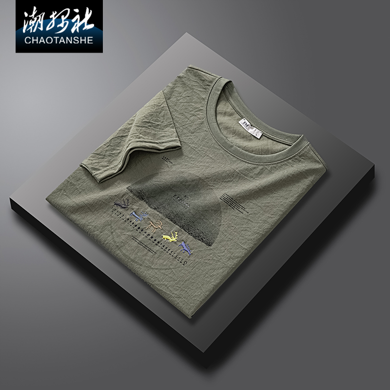 潮探社夏季薄款棉麻t恤男短袖印花刺绣2022新款潮流透气半袖上衣