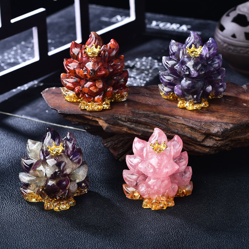 原石碎石紫水晶白水晶树脂九尾狐玄关创意装饰品手工精品水晶摆件