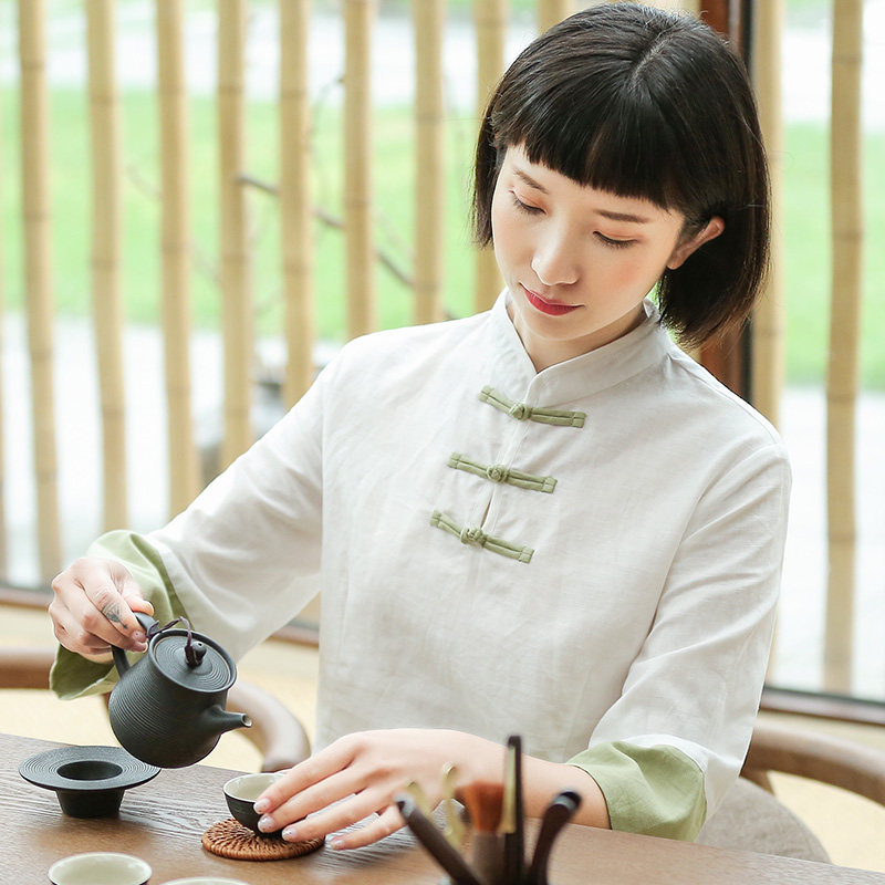 改良茶人服女春秋年轻茶艺服装中式旗袍上衣上衣