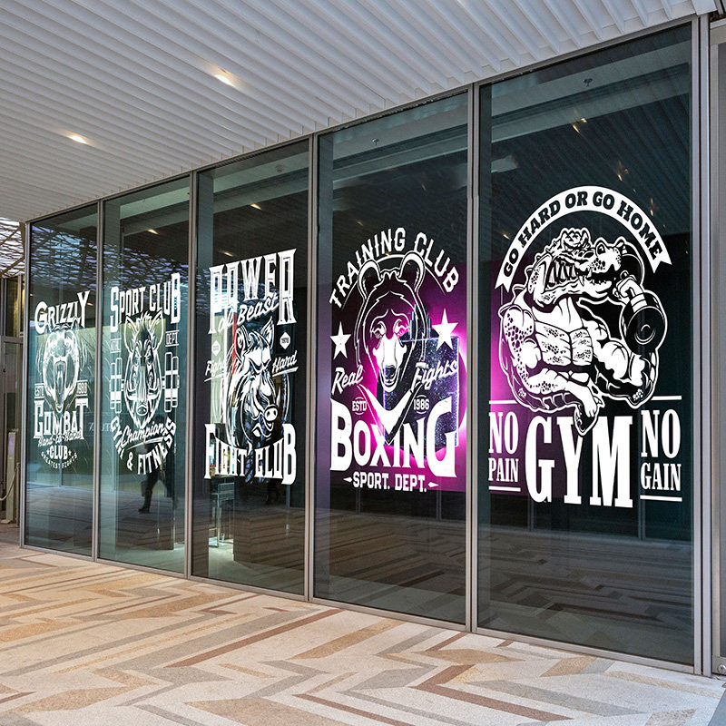 创意健身房玻璃门布置搞笑动物健身俱乐部gym橱窗玻璃膜