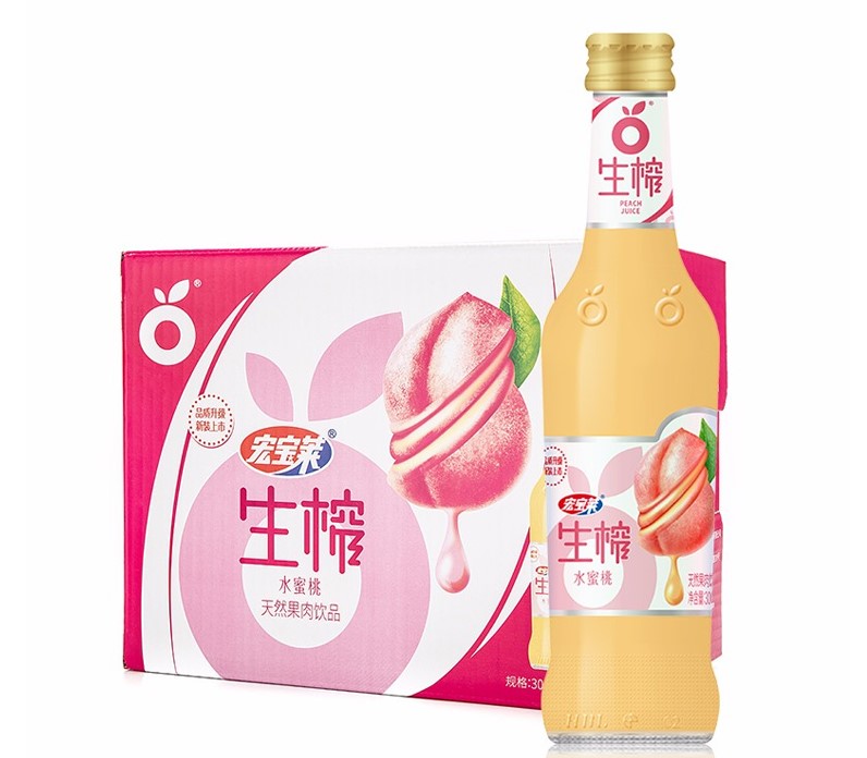 饮料宏宝宝莱生榨果味300ml玻璃瓶水蜜桃果肉果汁果味