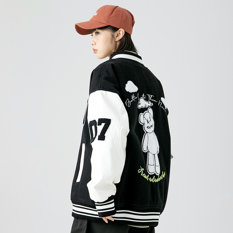 Hold Colour美式潮牌毛巾绣小熊棒球服夹克男女ins情侣运动bf外套