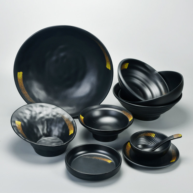 黑色密胺a5石纹磨砂餐具日韩式料理点心小吃盘异形调味碟骨碟面碗