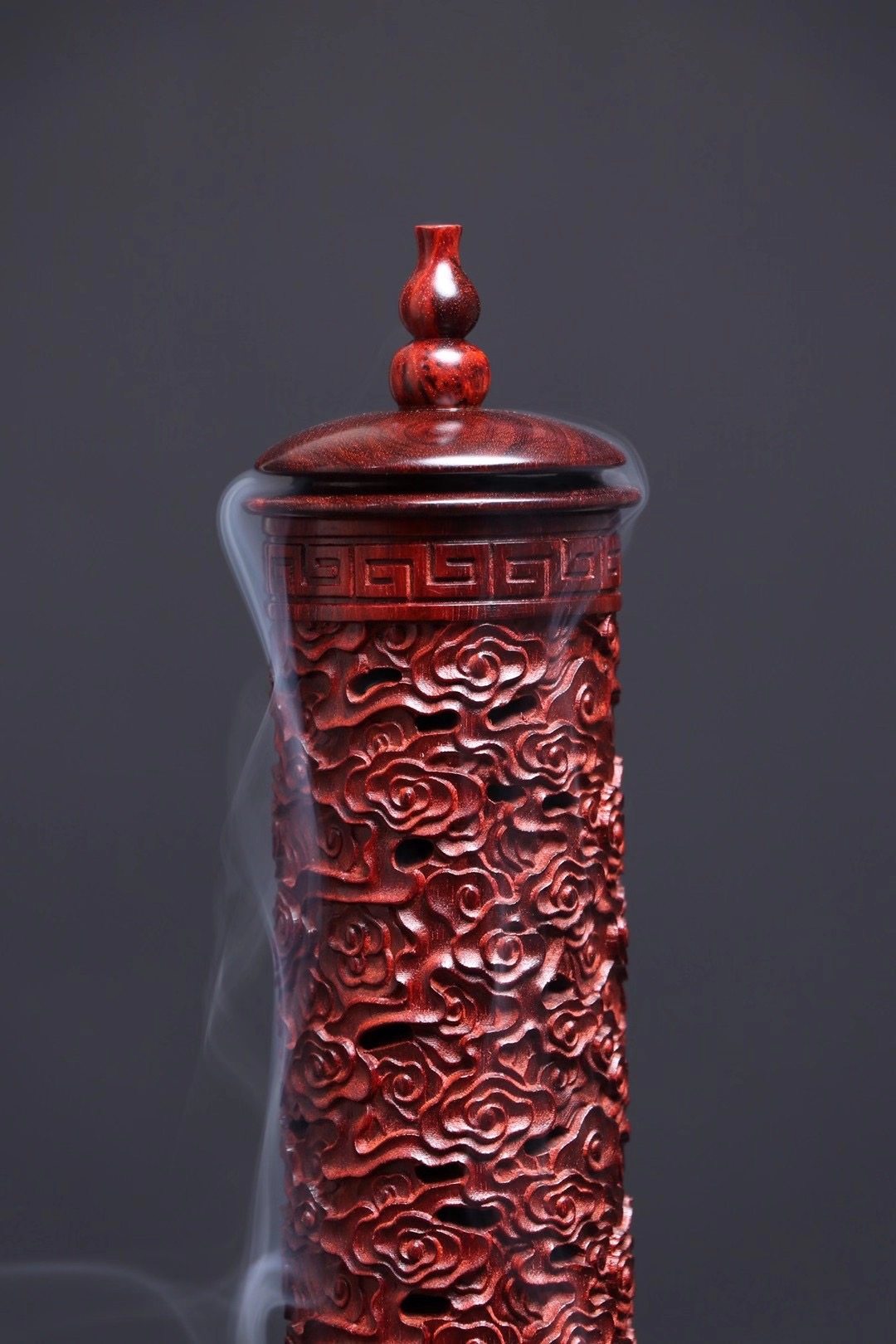 印度小叶叶紫檀木老料香薰筒祥云香红木工艺品摆件