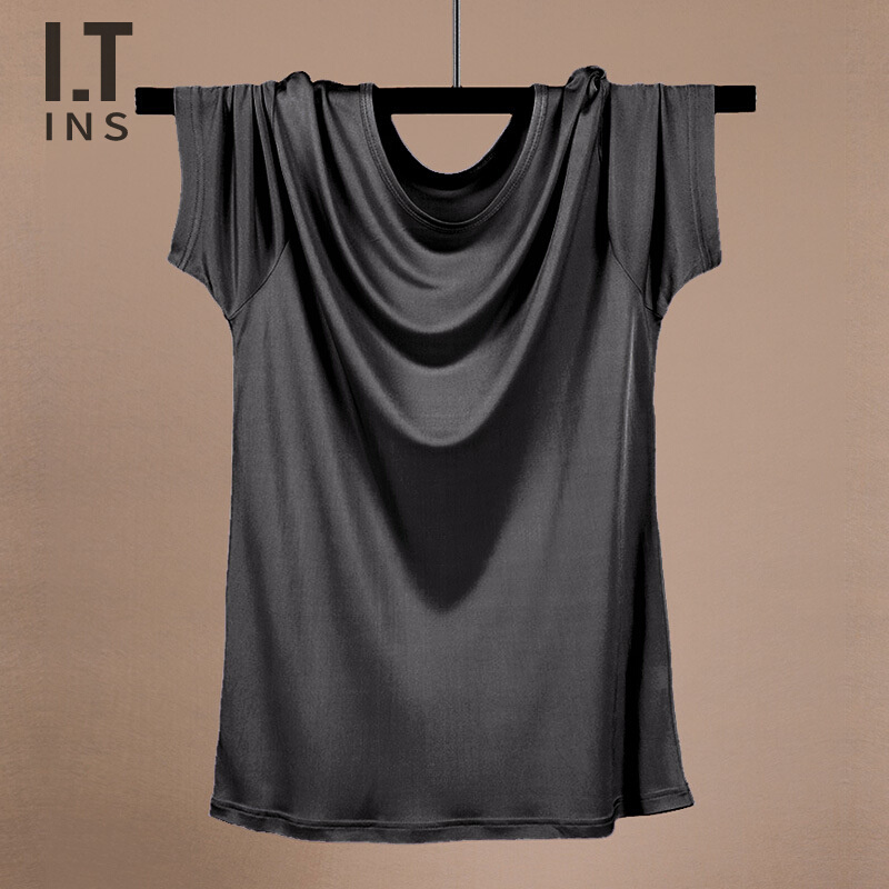 ITins桑蚕丝短袖T恤男真丝夏季宽松圆领文化衫运动汗衫薄款打底衫