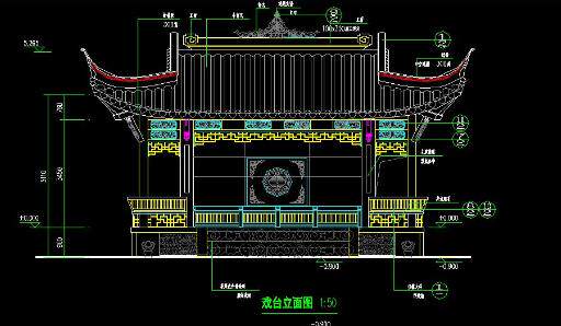 单层砖木木结构歇山戏台中式建筑设计cad图纸2d