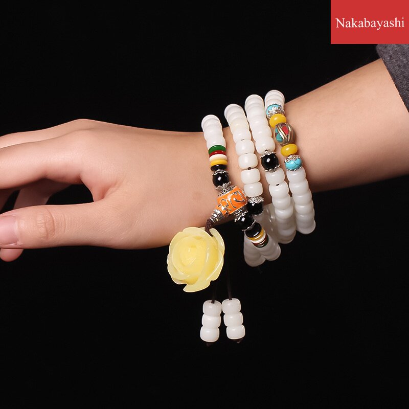 菩提色白108颗手链蜜蜡玫瑰花佛珠白菩提果手串佛珠