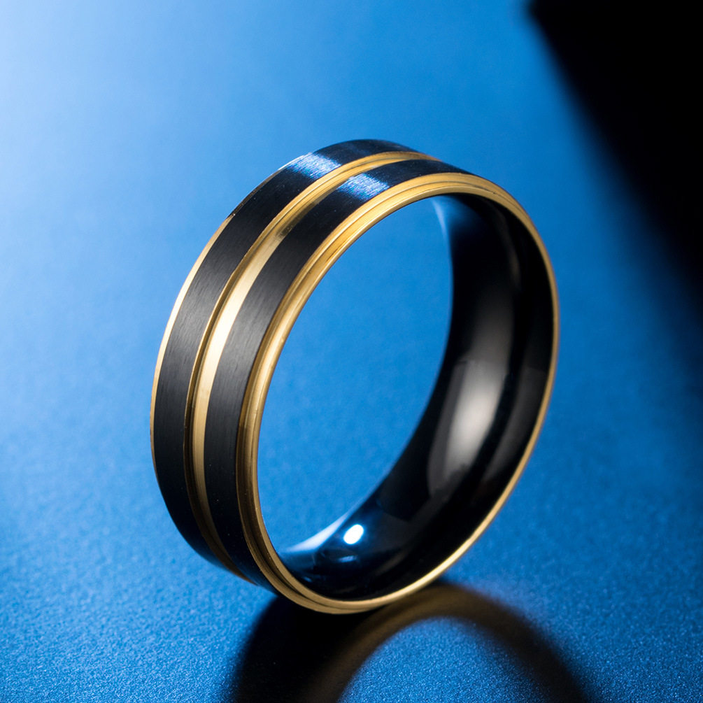 钛钢男士双色戒指拉沙凹槽七彩指环时尚潮流手饰戒指
