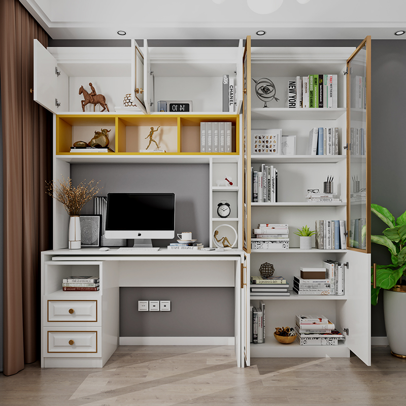 轻奢转角连体书桌书柜衣柜组合一体家用简约书桌