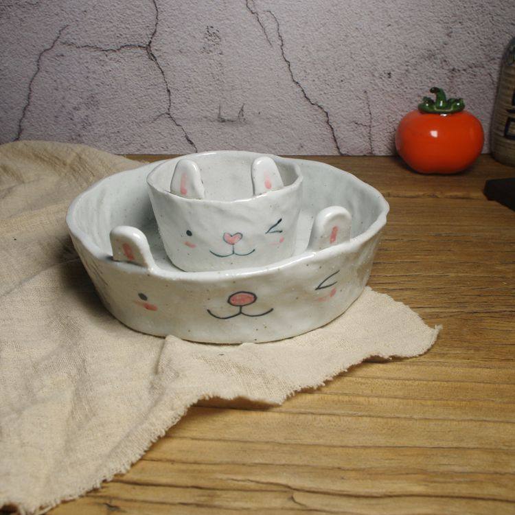 泥火景德镇手工手捏兔汤碗沙拉高温粗陶餐具餐盘盘