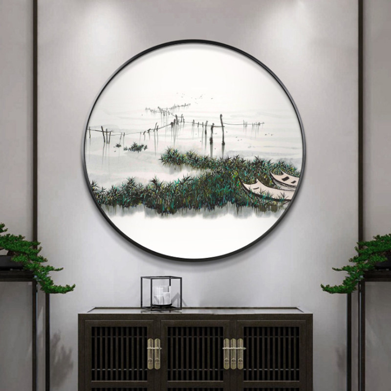 吴冠中江南水乡风景装饰画新中式中式玄关圆形壁画茶室现代装饰画