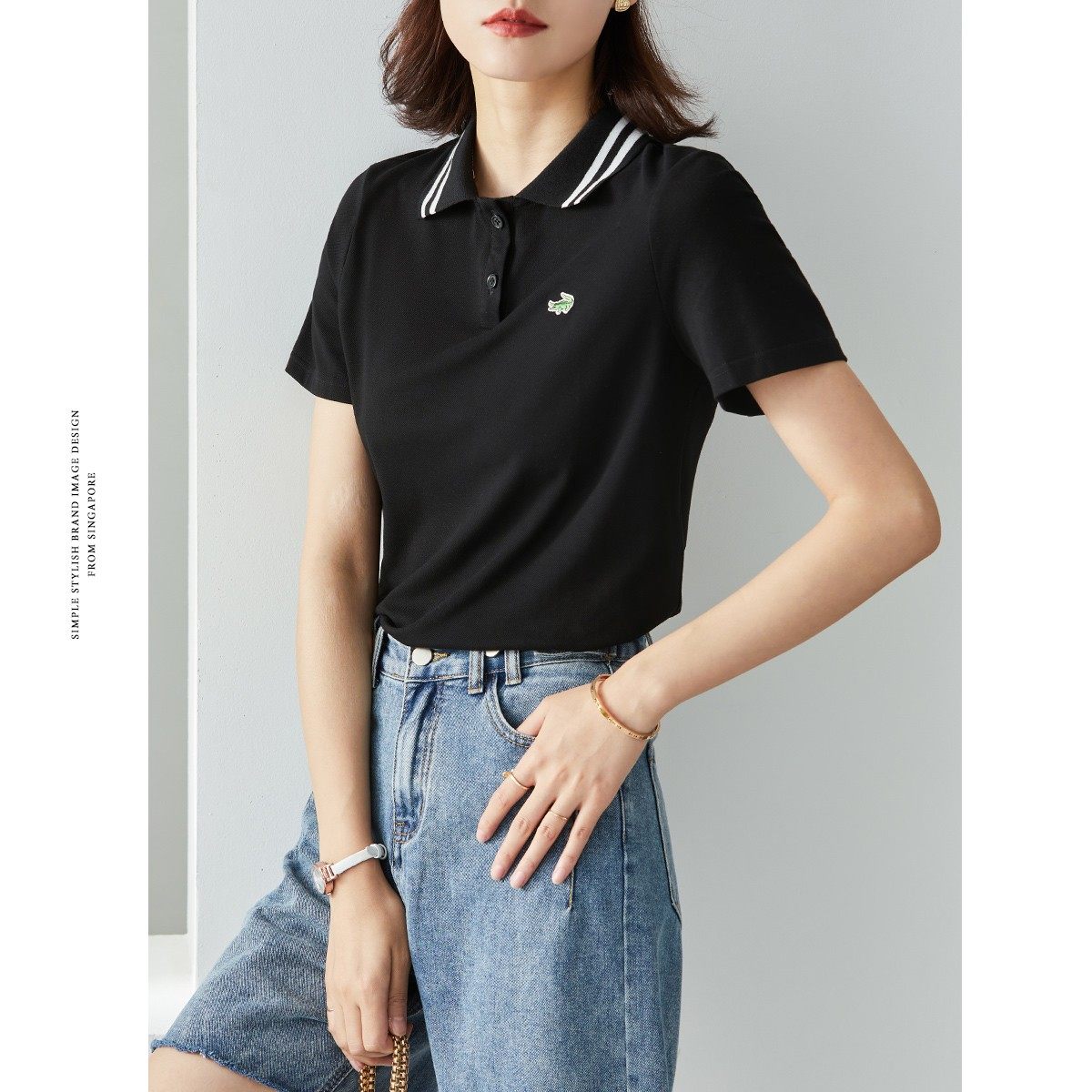 卡帝乐鳄鱼女装正肩黑色polo恤女夏季短袖运动宽松t恤