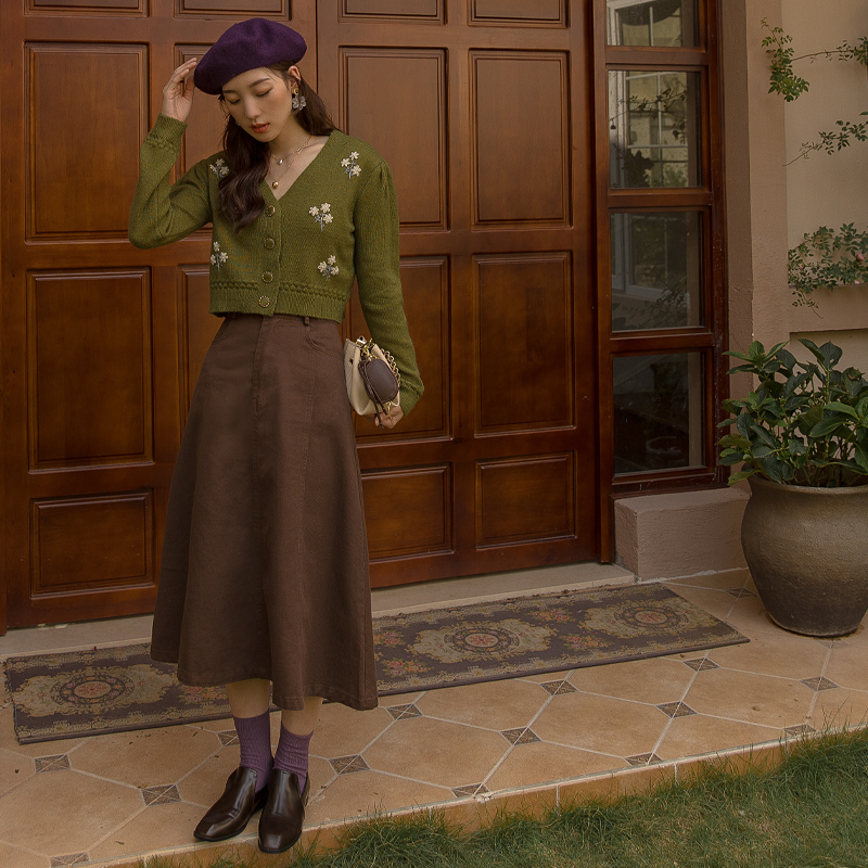 lycheerose荔枝棕色半身裙女法式复古伞裙字裙秋冬半身裙