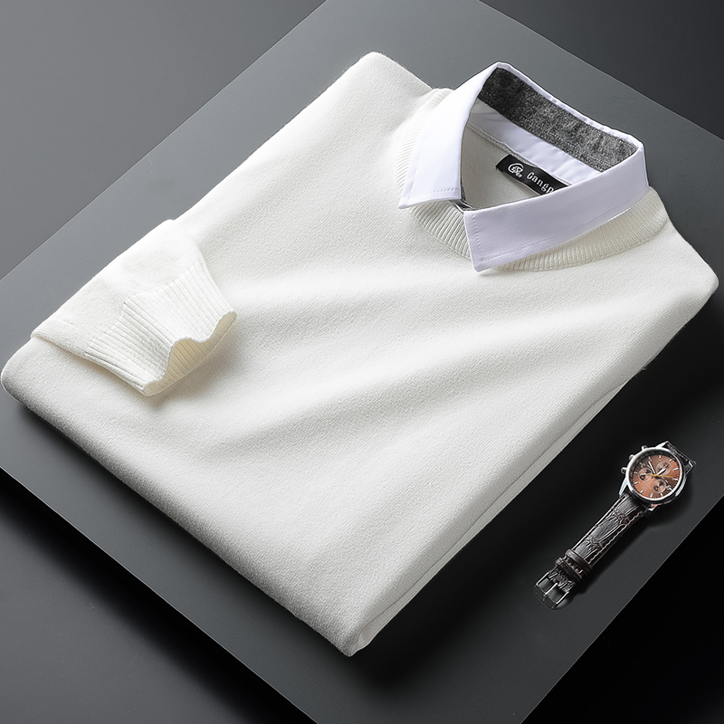 CVDE秋冬白色毛衣男假两件圆领针织衫商务休闲内搭保暖毛线衫上衣