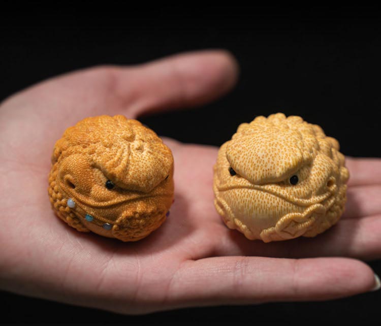 根雕金蟾竹雕实心蛤蟆手把竹子把玩件竹蟾蜍竹编