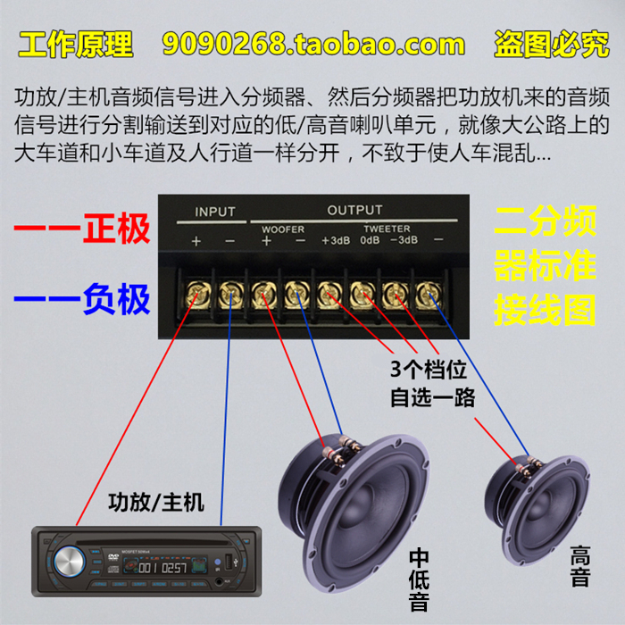 车载高音可调三档音箱音响发烧大功率频器二分分频器