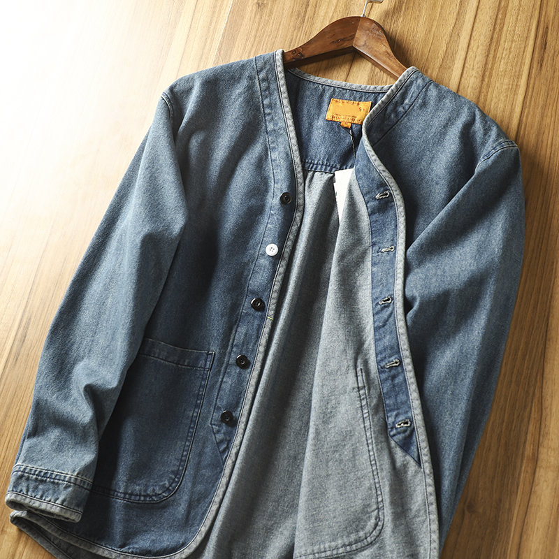 日系复古 秋冬新品男士款水洗棉休闲时尚牛仔V领开衫外套无领夹克