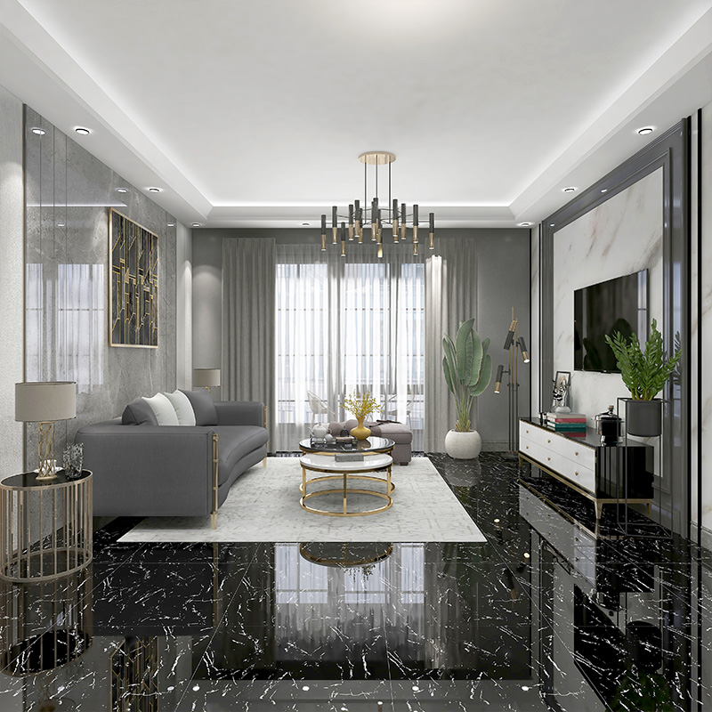 客厅瓷砖防滑地砖全抛釉800x800 深色砖黑金花地脚线波打线门槛石