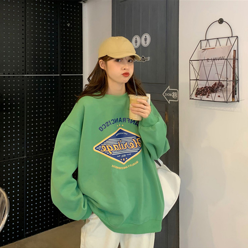 绿色卫衣女秋冬2021新款韩版宽松大码慵懒风中长款加绒炸街外套潮