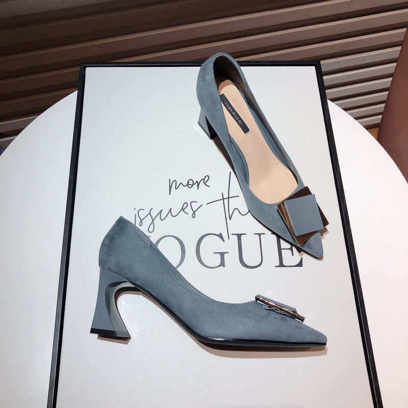 dhepburn韩版小清新高跟鞋女粗磨砂气质蓝色方扣工矿鞋