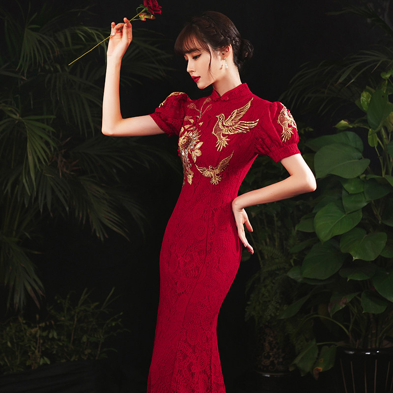 蕾丝红色鱼尾国风中国礼服结婚礼结婚旗袍夏季礼服