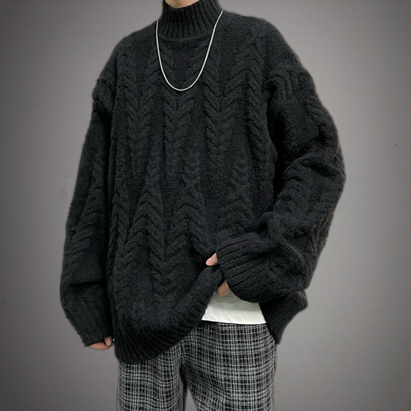 半高领毛衣男慵懒风潮牌ins港风宽松针织衫韩版休闲百搭黑色上衣
