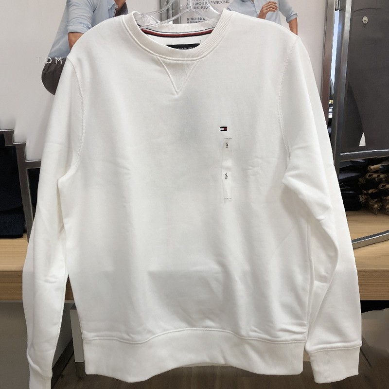 正品代购tommy汤米秋冬男士情侣加绒打底衫长袖套头白色圆领卫衣
