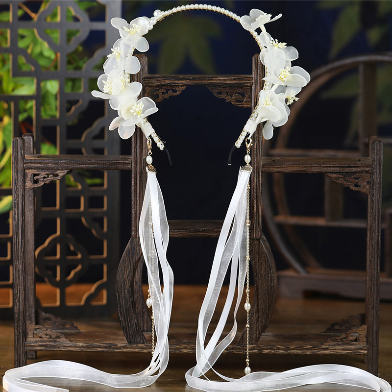 汉服头饰一体仙气少女中国风古风流苏发饰品懒人花环古装飘带发箍