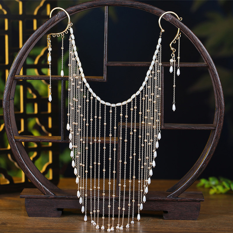 古风菲妮面帘遮脸挂耳汉服配饰流苏苏女珍珠发饰