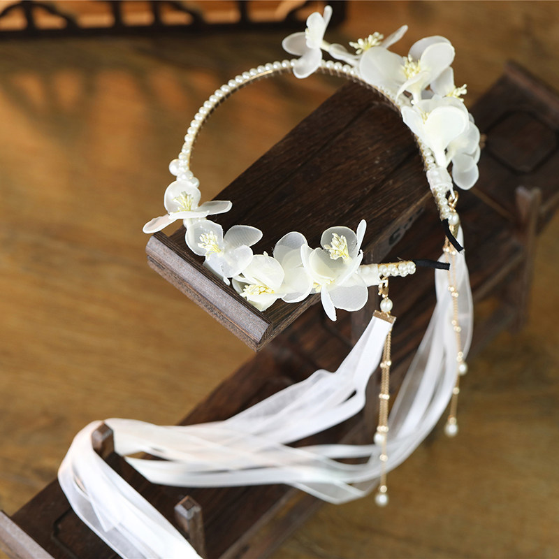 汉服头饰一体仙气少女中国风古风流苏发饰品懒人花环古装飘带发箍