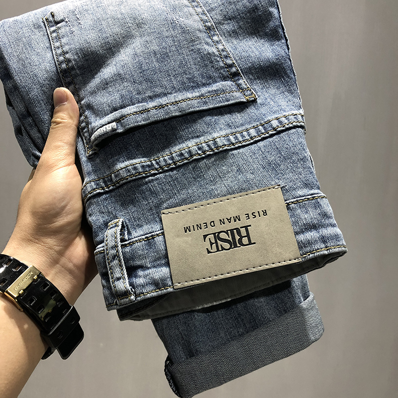 浅蓝色春夏季薄款牛仔裤男潮牌修身小脚弹力休闲长裤潮流男装裤子