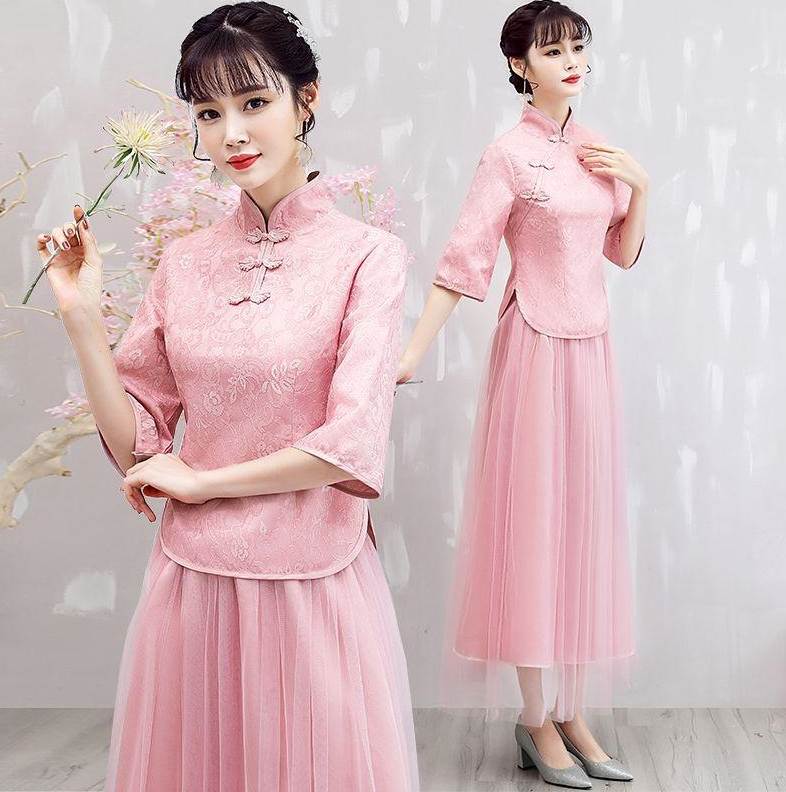 中式伴娘服2020秋冬季新款复古中国风结婚伴娘团礼服姐妹裙长款k8