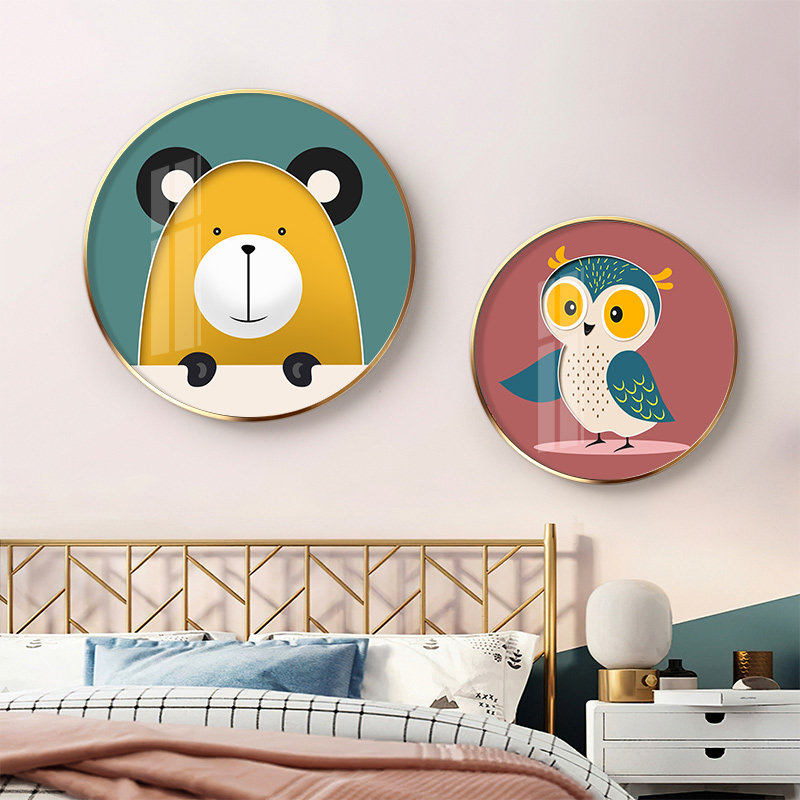 现代简约儿童卧室床头装饰画圆形壁画卡通创意可爱现代装饰画
