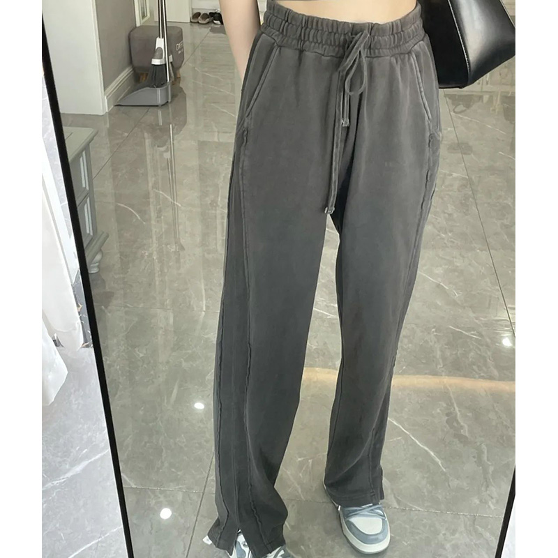 2022新款夏季高腰开叉设计感卫裤女气质百搭抽绳阔腿运动休闲裤子