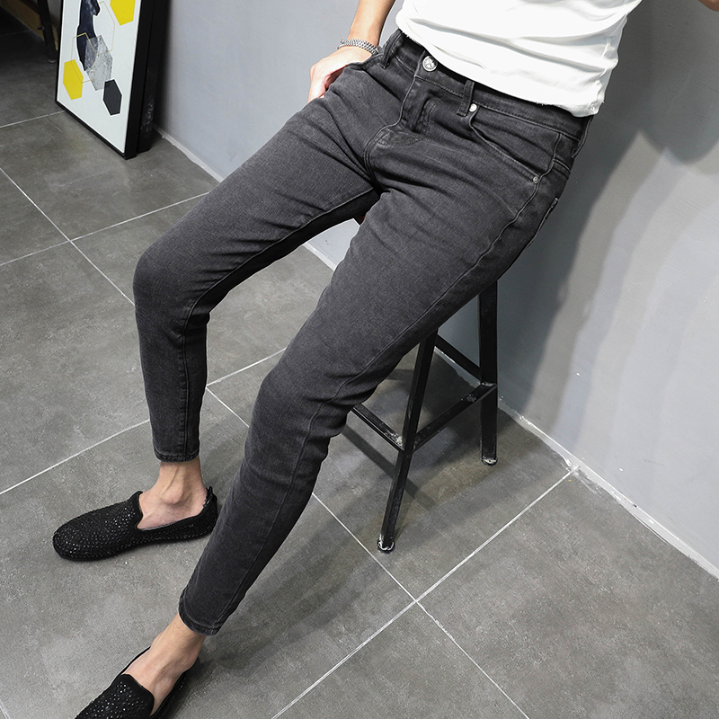 黑色牛仔裤男2022春秋修身小脚弹力裤子韩版潮流长裤小脚裤九分裤