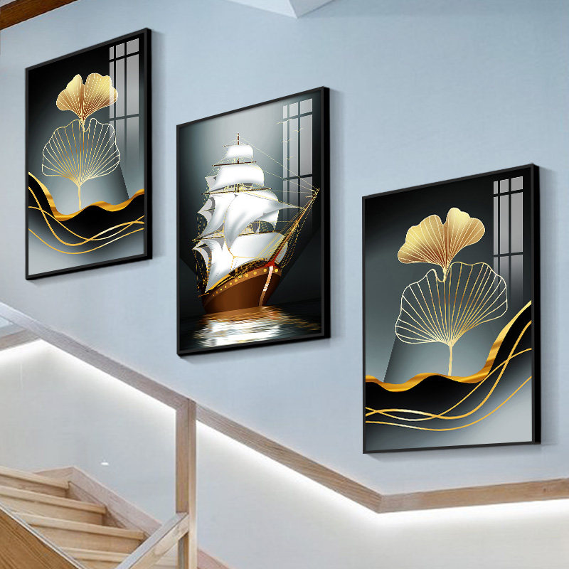 楼梯墙面装饰画别墅三联挂画复式楼走廊转角墙壁现代装饰画