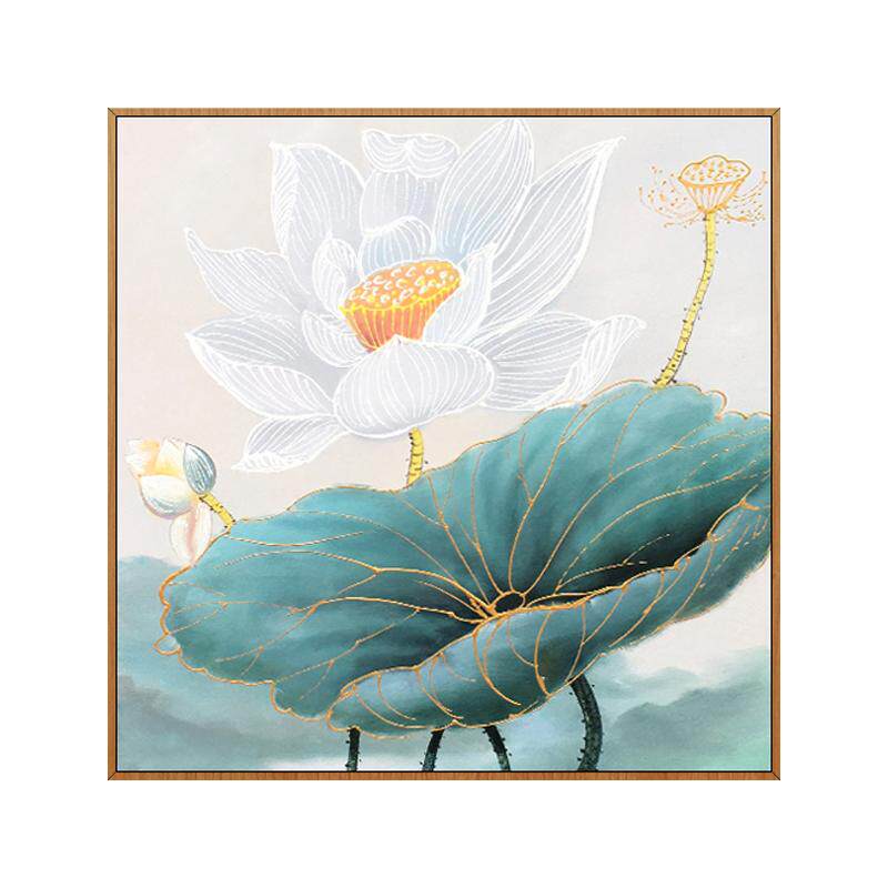 手绘荷叶莲花油画客厅玄关装饰画现代简约新中式中式风格油画