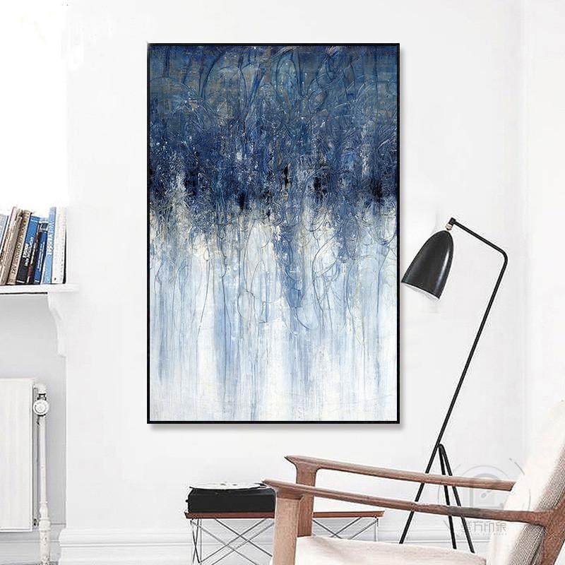 手绘抽象油画赵无极现代简约玄关装饰画竖版北欧深蓝走廊过道挂画