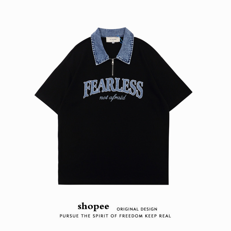 vintage美式复古牛仔领拼接刺绣polo衫短袖男女痞帅半拉链体恤潮